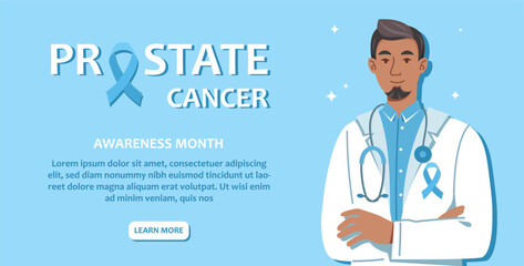 Prostate cancer banner. Man in medical gown with stethoscope stands next to text. Mindfulness month, health care and regular check ups, prevention. Cartoon flat vector illustration