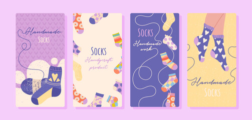 Set of banners with socks. Collection of graphic elements for website. Bright accessories and warm clothes. Fashion and trend. Cartoon flat vector illustrations isolated pn violet background