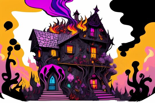 Colorful witch house with fire picture on black backgroundHigh quality. Flowers, trees in soaring windows - generative ai
