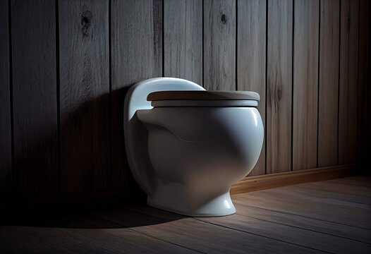Ceramic toilet bowl near wooden wall. Generative AI