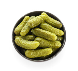 Bowl with tasty fermented cucumbers on white background