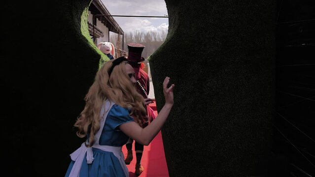 Alice in Wonderland and the hatter lead the viewer along a fabulous corridor. Shooting in slow motion