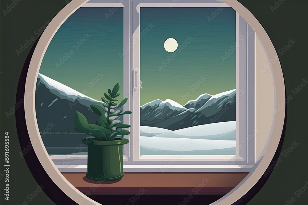 Sticker window overlooking a majestic snow-covered mountain. generative ai