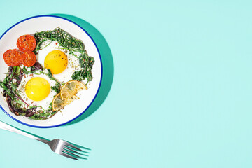 Plate with tasty fried eggs and salad on blue background
