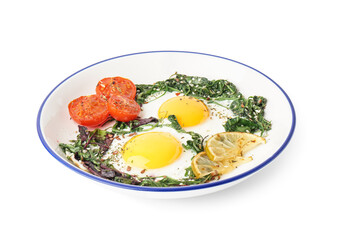 Plate with tasty fried eggs and salad on white background