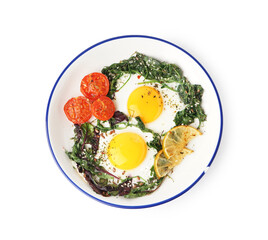 Plate with tasty fried eggs and salad on white background