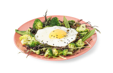 Plate with tasty fried egg and salad on white background