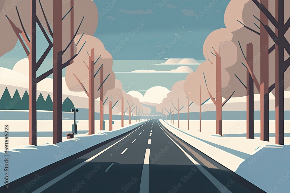 Wall mural  winter landscape with a snow-covered road, trees, and a street light. Generative AI