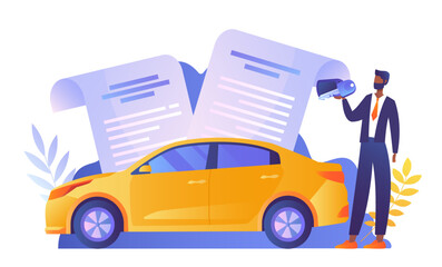 Auto insurance concept. Man stands and holds keys against background of documents. Character buys vehicle, buyer with car. Safety and protection. Cartoon flat vector illustration