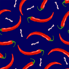 Seamless pattern. Illustration with blue background and red chili peppers