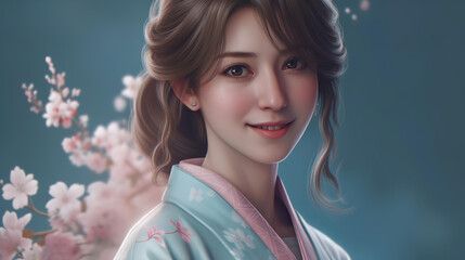 日本の着物を着た笑顔の美人アジア人女性（Generative AI）
