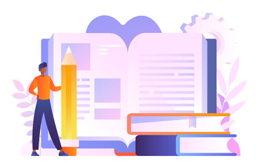 Man with book. Young guy with pencil standing near textbooks. Education and training, self development. Student doing homework, preparing for test or examination. Cartoon flat vector illustration