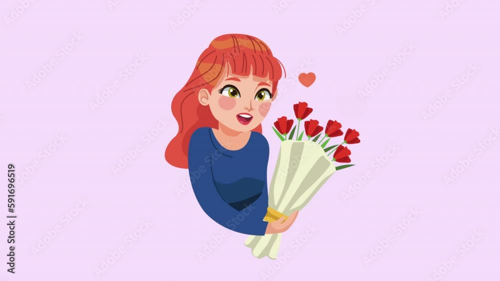 Poster redhead woman with flowers bouquet animation