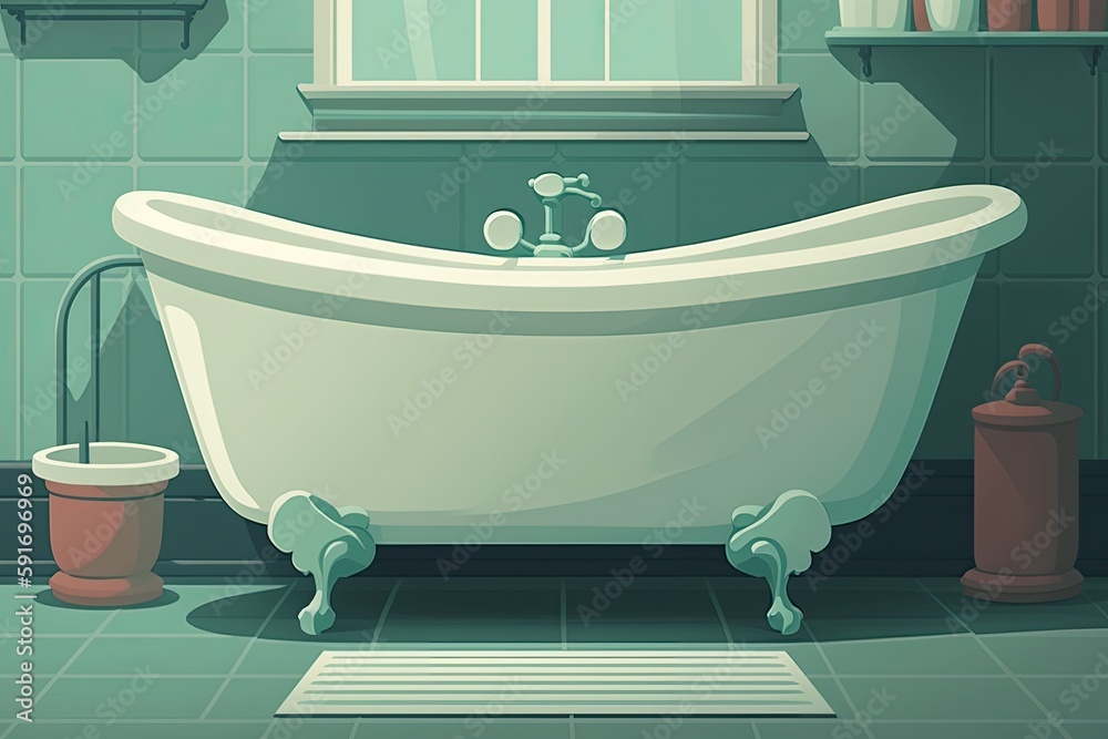 Sticker cozy bathroom with a freestanding bathtub and a fluffy rug. Generative AI