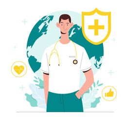 Doctors Day concept. Man in medical uniform with stethoscope stands against backdrop of globe. International holiday and festival. Health care and prevention. Cartoon flat vector illustration