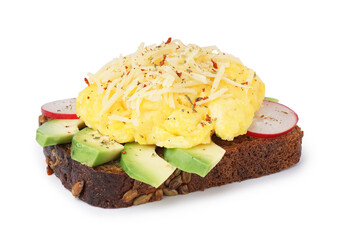 Tasty scrambled eggs sandwich and vegetables on white background
