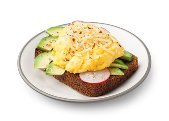 Plate with tasty scrambled eggs sandwich and vegetables on white background