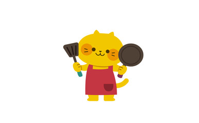 フライパンとフライ返しを持ったネコのイラスト