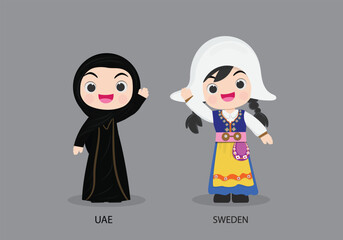UAE peopel in national dress. Set of Sweden woman dressed in national clothes. Vector flat illustration.