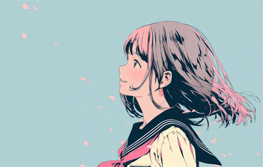 桜の花びらが散るのを見ている制服姿のアニメ風少女　AI generated - obrazy, fototapety, plakaty