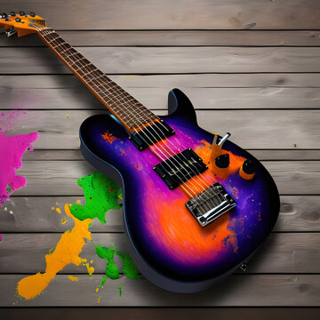 Electric guitar with colorful paint splatters on it