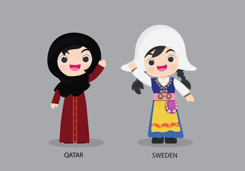 Qatar peopel in national dress. Set of Sweden woman dressed in national clothes. Vector flat illustration.
