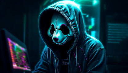 a portrait of a panda wearing a hoodie as a hacker. Based on Generative Ai.