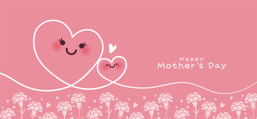 Vector set of Mother's Day banner. Continuous one line drawing connecting two cute hearts symbol embracing with carnations blooming. 