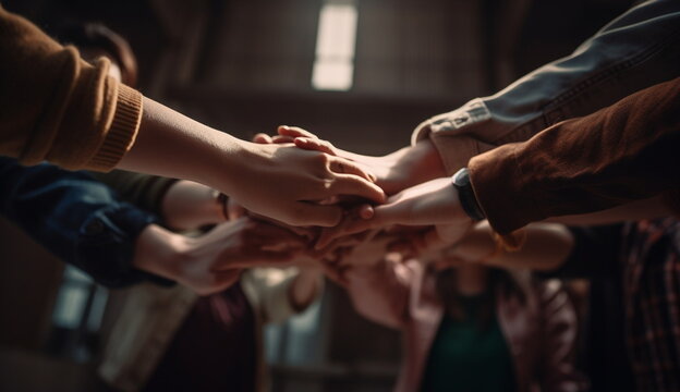 People group join hands together as teamwork symbolism