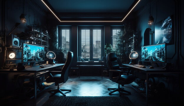 Computer room with modern equipment. Based on Generative Ai.