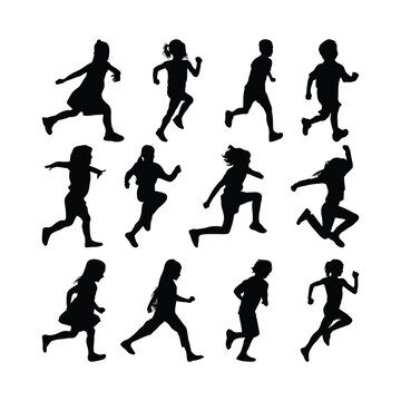 Little children running isolated on white background silhouette vector illustration