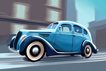 blue car driving through a cityscape with tall buildings. Generative AI