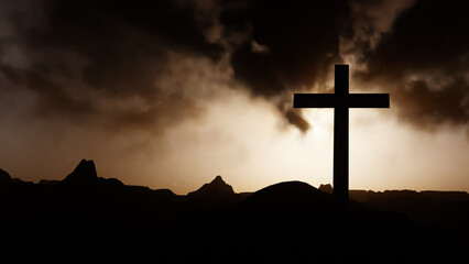 Yellow sunset with clouds behind the cross in the background. 3d rendering