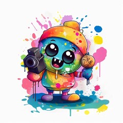 Généré IA, sympathique personnage de dessin animé tenant un appareil photo et entouré d'éclaboussures de peinture et de coups de pinceau colorés, traduisant l'esprit créatif et amusant
