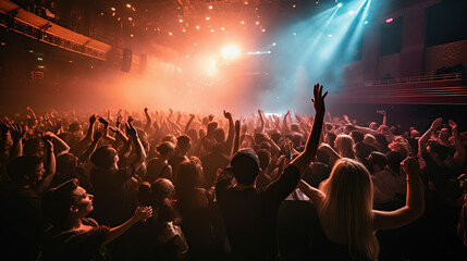 Fototapeta na wymiar crowd of people cheering and dancing at nighclub