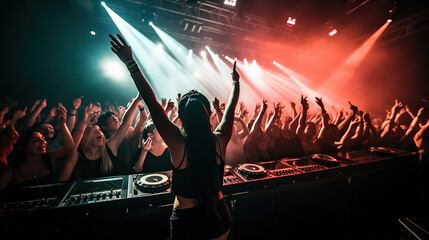 woman dj in action cheering up the crowd in a party