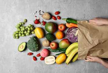 Paper shopping bags, food ingredients, tidying hands