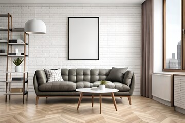 Mockup frame in the interior background, room in light pastel colors, 3D Illustration, Generative AI