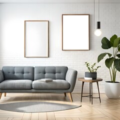 Mockup frame in the modern living room with sofa. 3D Illustration, Generative AI