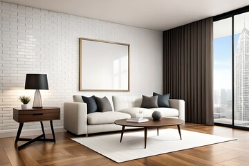 Mock-up frame in a living room interior background, Generative AI