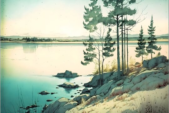 Ontario landscape in the bronze age comic art style watercolour soft blending ambient pretty pastel colours less detail not too much black 