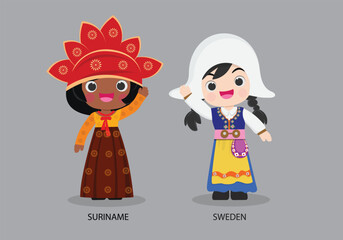Suriname peopel in national dress. Set of Sweden woman dressed in national clothes. Vector flat illustration..