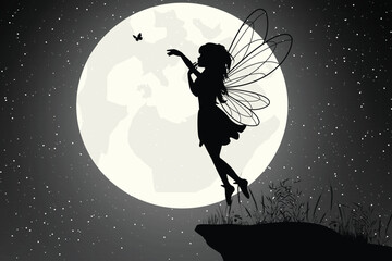 cute fairy and moon silhouette landscape