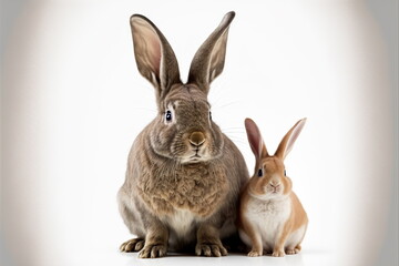 rabbit with baby rabbit on white background, full body with free space, Made by AI,Artificial intelligence