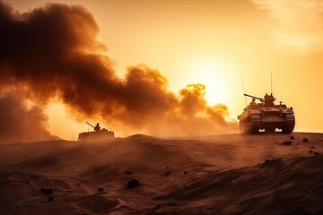 Fototapeta na wymiar soldiers crosses warzone with fire and smoke in the desert, military special forces, tank 