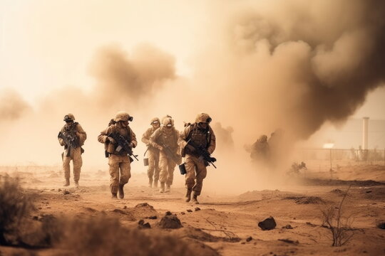  soldiers crosses warzone with fire and smoke in the desert, military special forces, tank 
