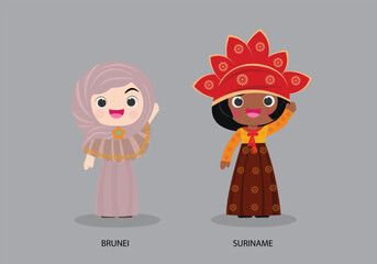 Brunei peopel in national dress. Set of Sweden woman dressed in national clothes. Vector flat illustration.