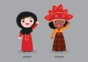 Bahrain peopel in national dress. Set of Suriname woman dressed in national clothes. Vector flat illustration.