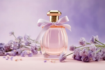 Obraz na płótnie Canvas Perfume bottle with delicate lavender blossom. Generative AI