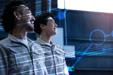 Also in the main visual! Image of a profile of a cool worker promoting digital efficiency in production, including IT, such as DX for distribution and delivery. Copyspace available.